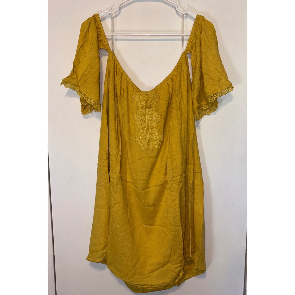 NEW Hayden Los Angeles Off The Shoulder Dress L Honey Yellow Crochet Lace H5736